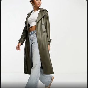Pull&Bear Vegan Leather Olive Trench Coat - worn once